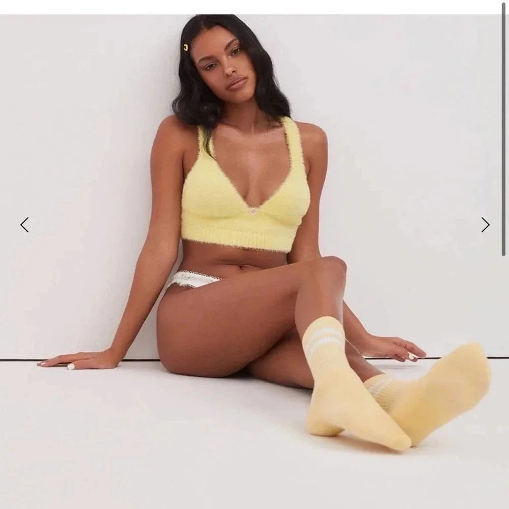 🧨 For Love and Lemons Devon Yellow Fuzzy Cropped Top Bralette NWT XXS